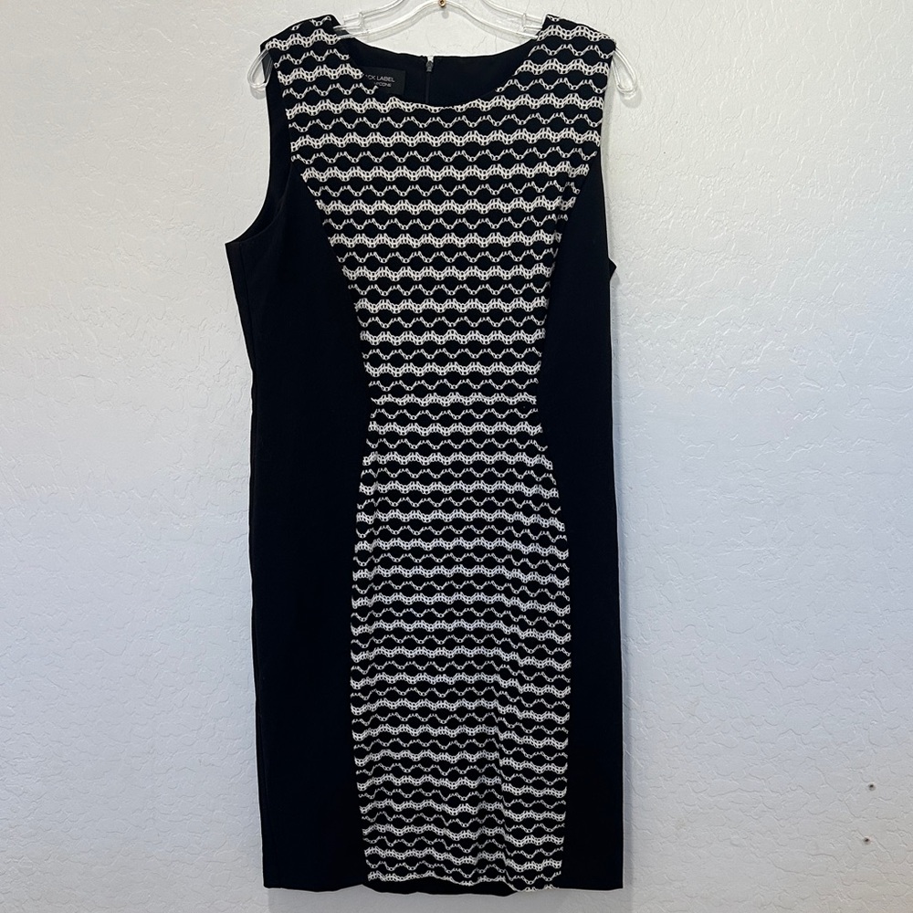 Black Label by Evan Picone Sheath Dress Size 16 Black White Full Zip Crochet